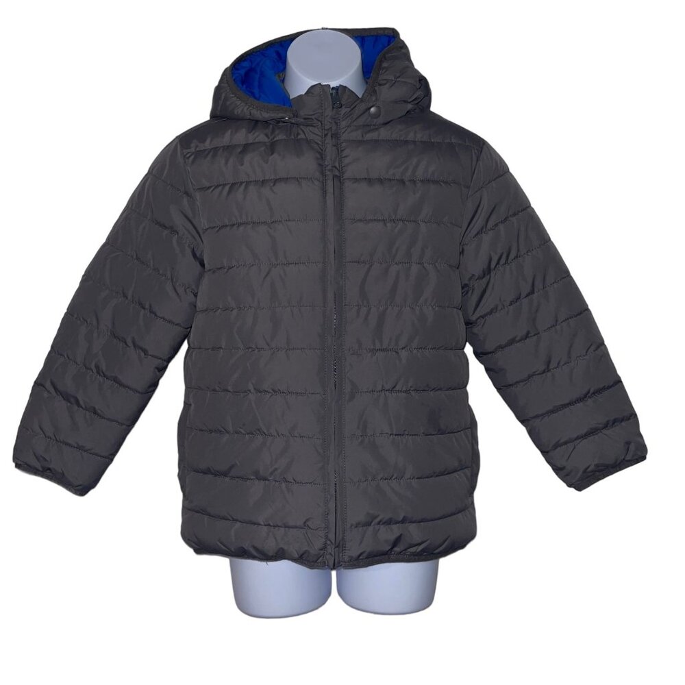 Gymboree Puffer Jacket Boys M 7 8 Insulation Reversible Gray Blue Hooded Quilted